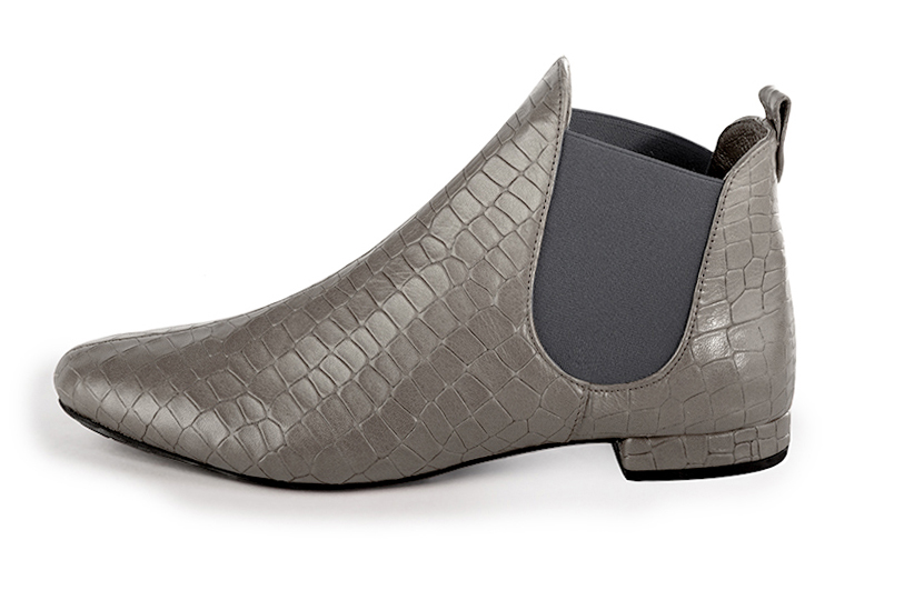 Ash grey women's ankle boots, with elastics. Round toe. Flat block heels. Profile view - Florence KOOIJMAN